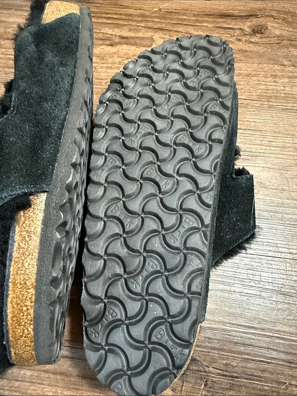Birkenstock Black Faux-Shearling Slide with Branded Strap display picture 1